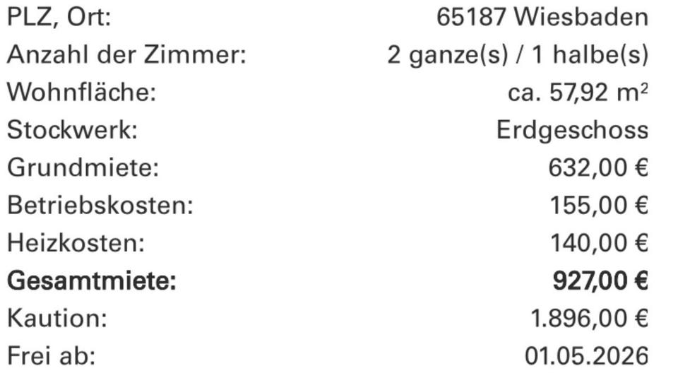 Erdgeschoßwohnung Wiesbaden Biebrich - 3 Zimmer, 60 m&sup2;, 927&euro; | Angebot:25993301