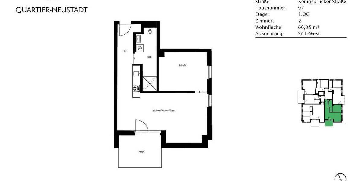 Etagenwohnung Dresden Äußere Neustadt - 2 Zimmer, 60 m&sup2;, 931&euro; | Angebot:26291343