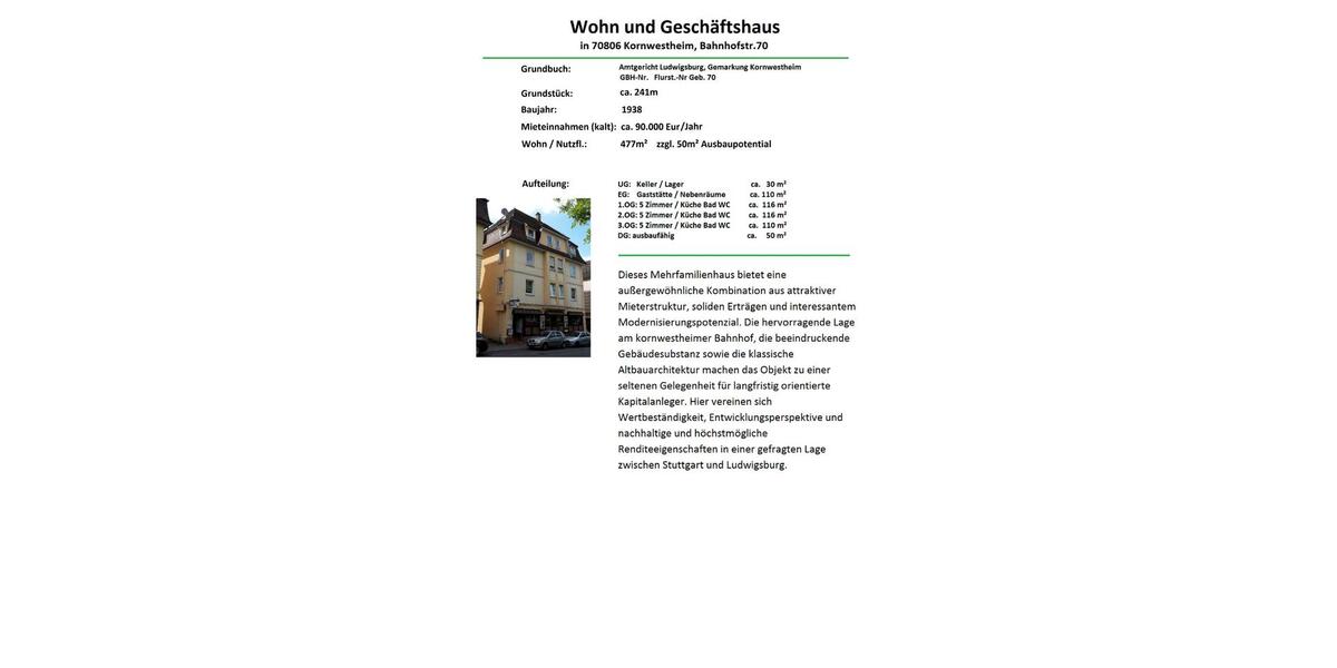 Mehrfamilienhaus, Wohnhaus Kornwestheim - 16 Zimmer, 477 m&sup2;, 1.300.000&euro; | Angebot:26777199