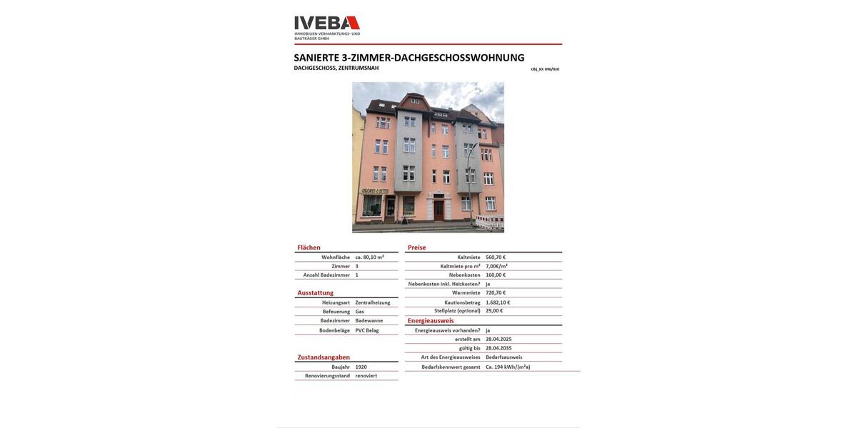 Dachgeschoßwohnung Guben - 3 Zimmer, 80 m&sup2;, 560&euro; | Angebot:26686519