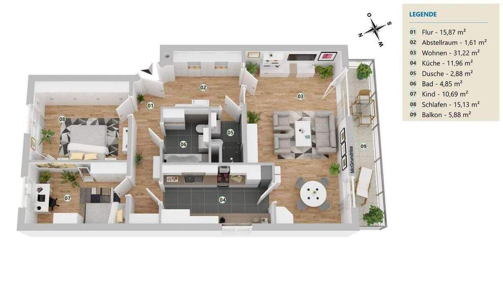 Großzügige 3-Zimmerwohnung mit 2 Bädern und terassenähnlichem Balkon.... 3 zimmer