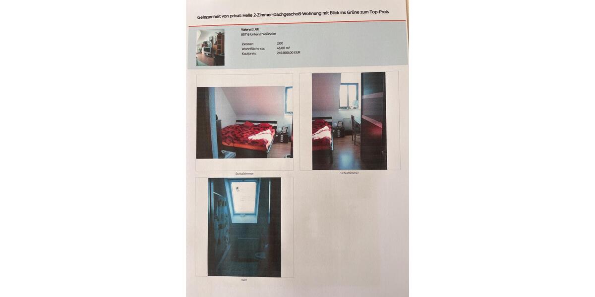 Dachgeschoßwohnung Unterschleißheim - 2 Zimmer, 45 m&sup2;, 249.000&euro; | Angebot:26822045