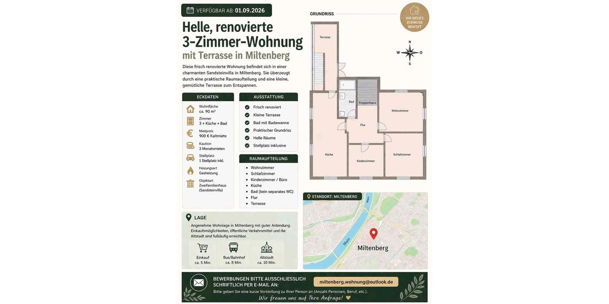 Etagenwohnung Miltenberg - 3 Zimmer, 90 m&sup2;, 900&euro; | Angebot:26085040