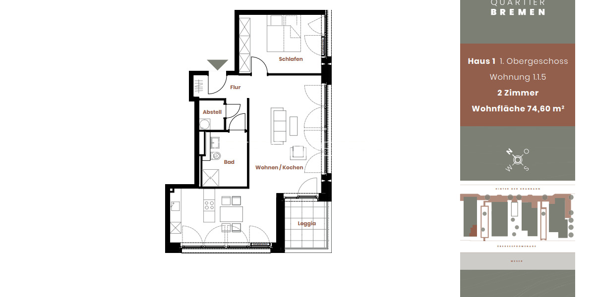 Etagenwohnung Bremen Handelshäfen - 2 Zimmer, 75 m&sup2;, 1.229&euro; | Angebot:25940253