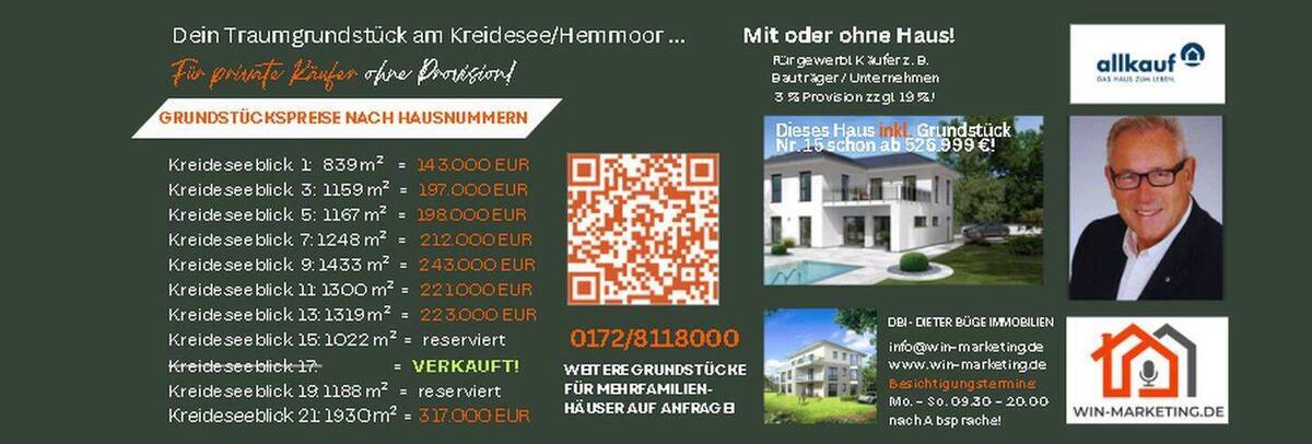 Unverbaubares Seegrundstück - 1a-Lage in Hemmoor, LK CUXAVEN auch inkl. Haus ab 349.000! 01728118000 zimmer