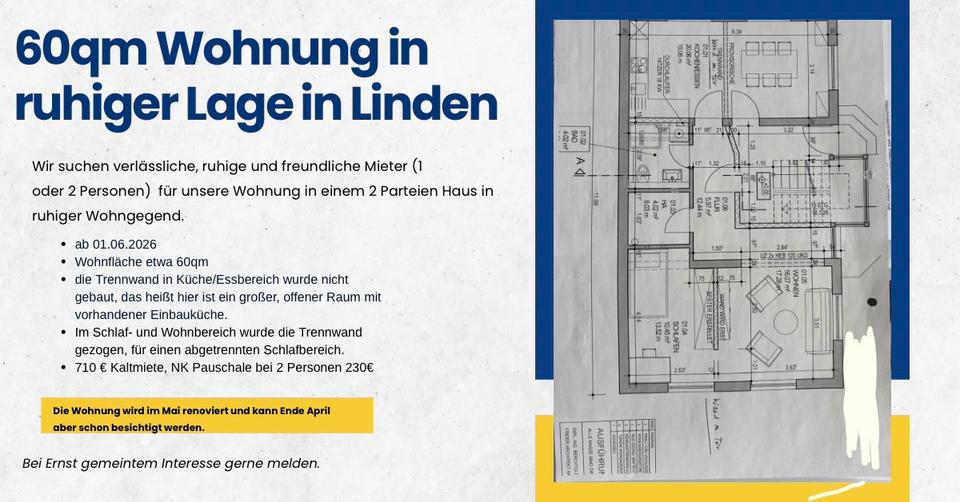Erdgeschoßwohnung Linden - 3 Zimmer, 60 m&sup2;, 710&euro; | Angebot:26302635