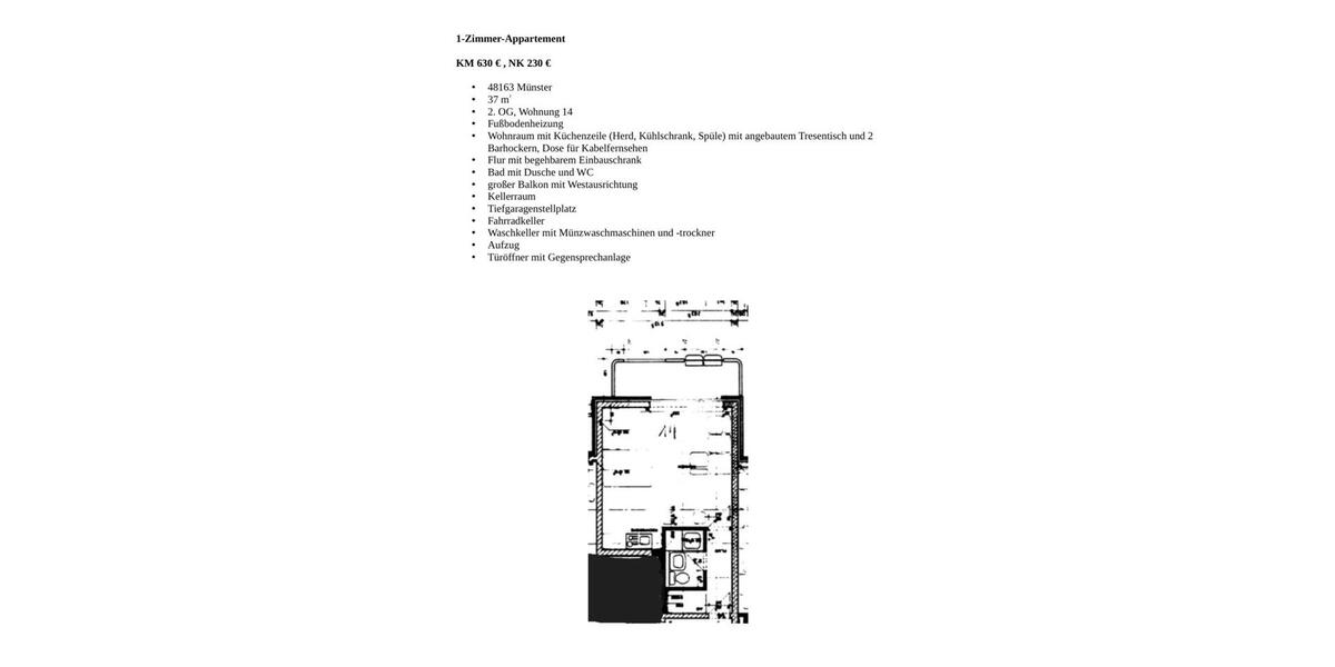 Etagenwohnung Münster Münster-West - 1 Zimmer, 37 m&sup2;, 860&euro; | Angebot:26040955