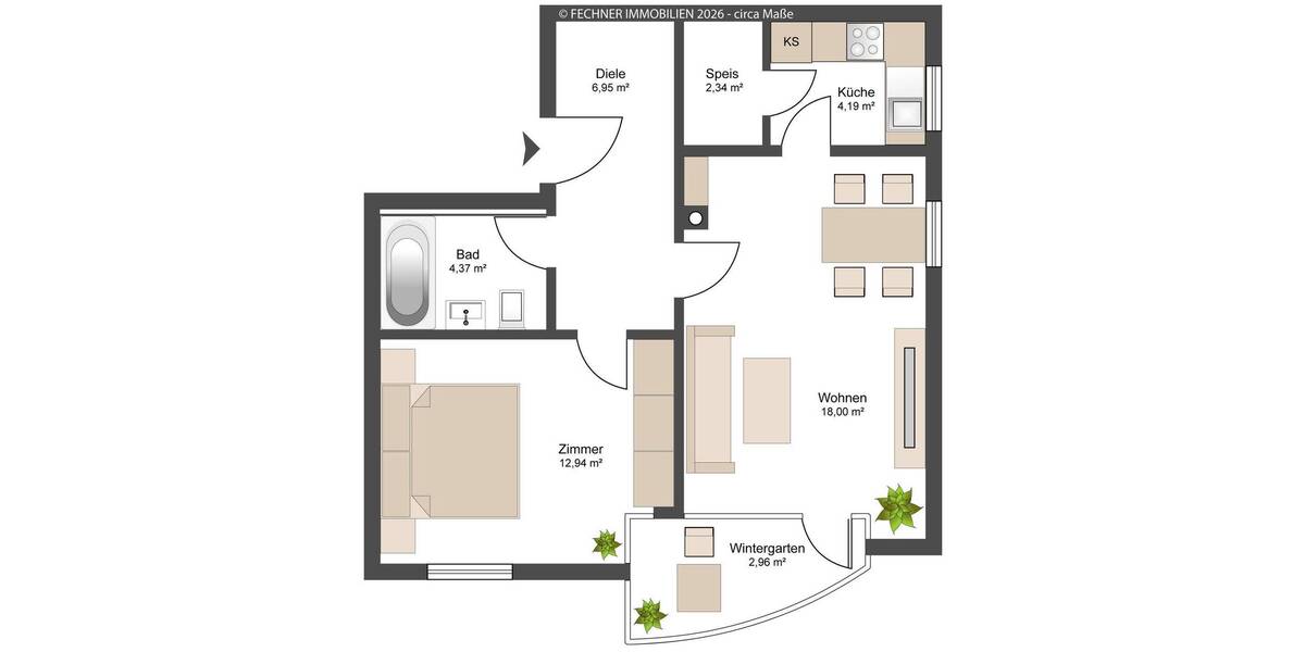 Etagenwohnung Ingolstadt - 2 Zimmer, 50 m&sup2;, 199.800&euro; | Angebot:26433193