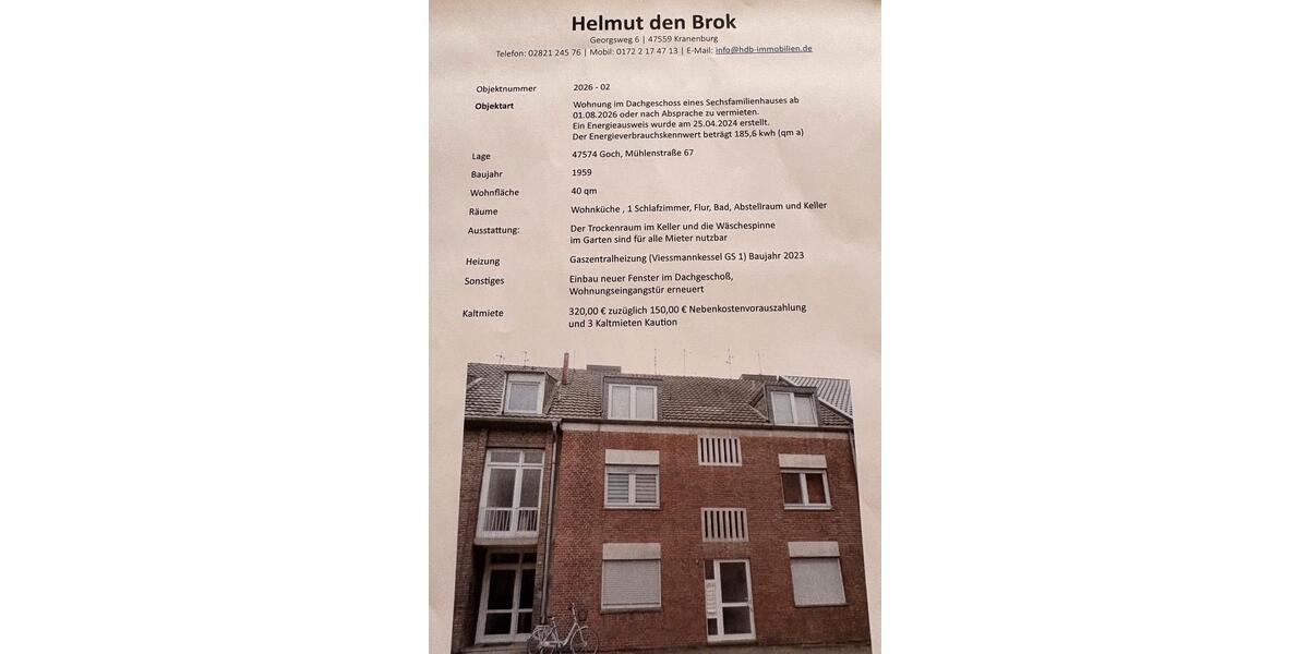 Dachgeschoßwohnung Kranenburg - 2 Zimmer, 40 m&sup2;, 470&euro; | Angebot:26253480