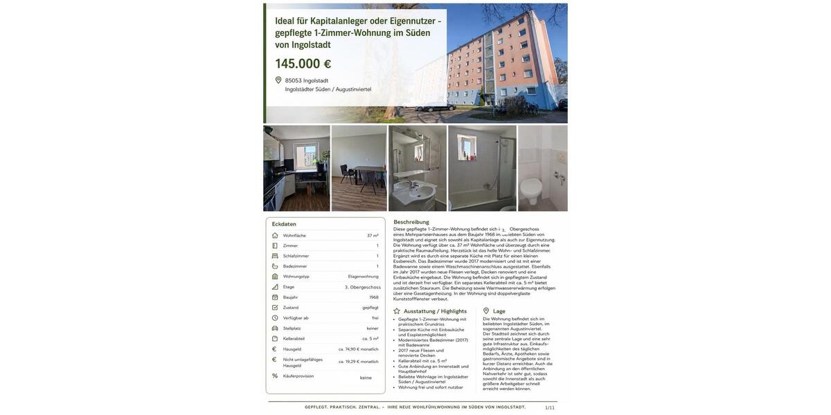 Etagenwohnung Ingolstadt Südost - 1 Zimmer, 37 m&sup2;, 148.000&euro; | Angebot:27130366