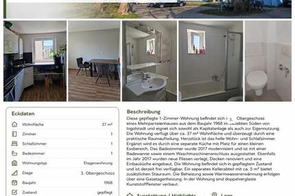 Wohnung Ingolstadt Südost - 1 Zimmer, 37 m&sup2;, 148.000&euro; | Angebot:27130366