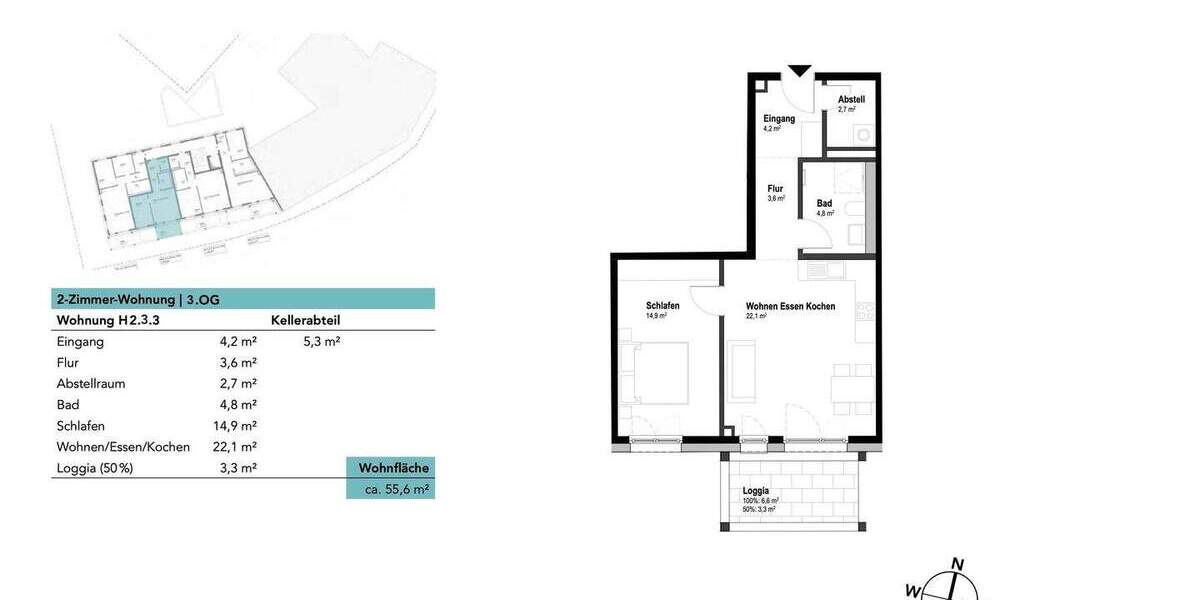 Etagenwohnung Neu-Ulm Ludwigsfeld - 2 Zimmer, 55 m&sup2;, 339.160&euro; | Angebot:25734309