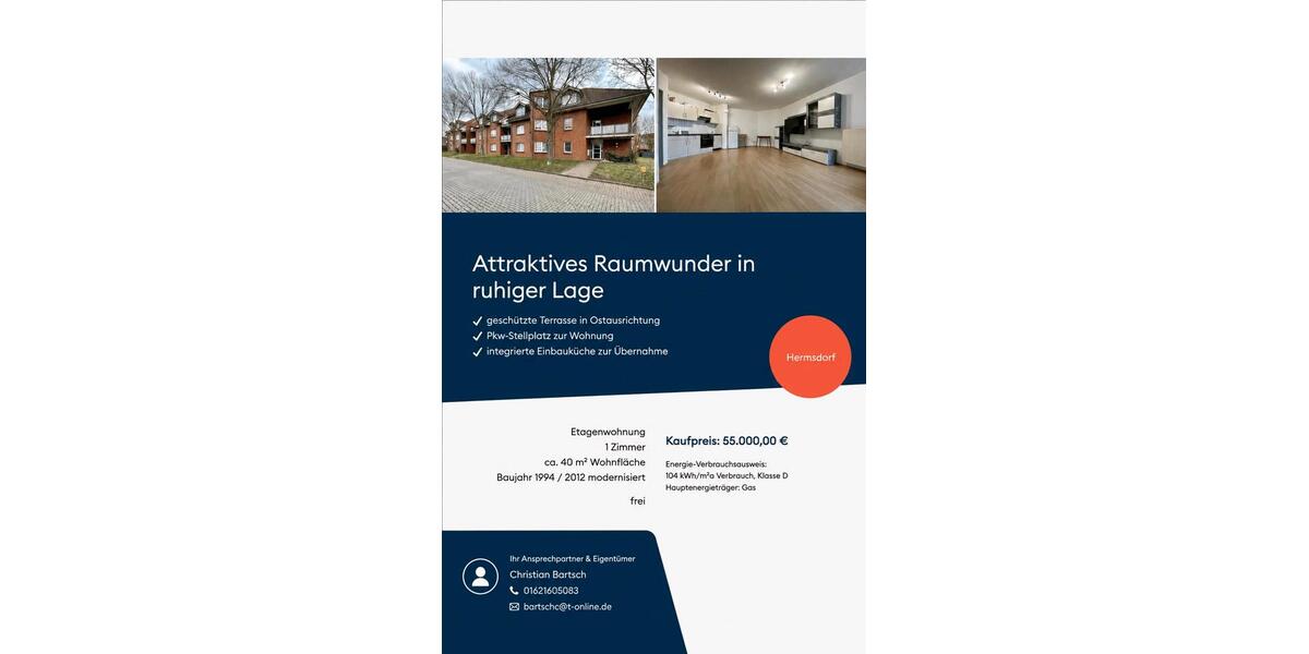 Erdgeschoßwohnung Wolmirstedt - 1 Zimmer, 40 m&sup2;, 55.000&euro; | Angebot:27258965