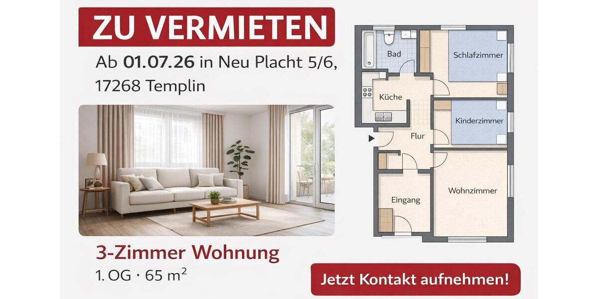 Etagenwohnung Templin - 3 Zimmer, 65 m&sup2;, 750&euro; | Angebot:25978161
