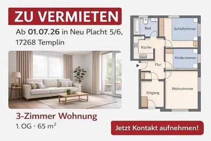 Wohnung Templin - 3 Zimmer, 65 m&sup2;, 750&euro; | Angebot:25978161