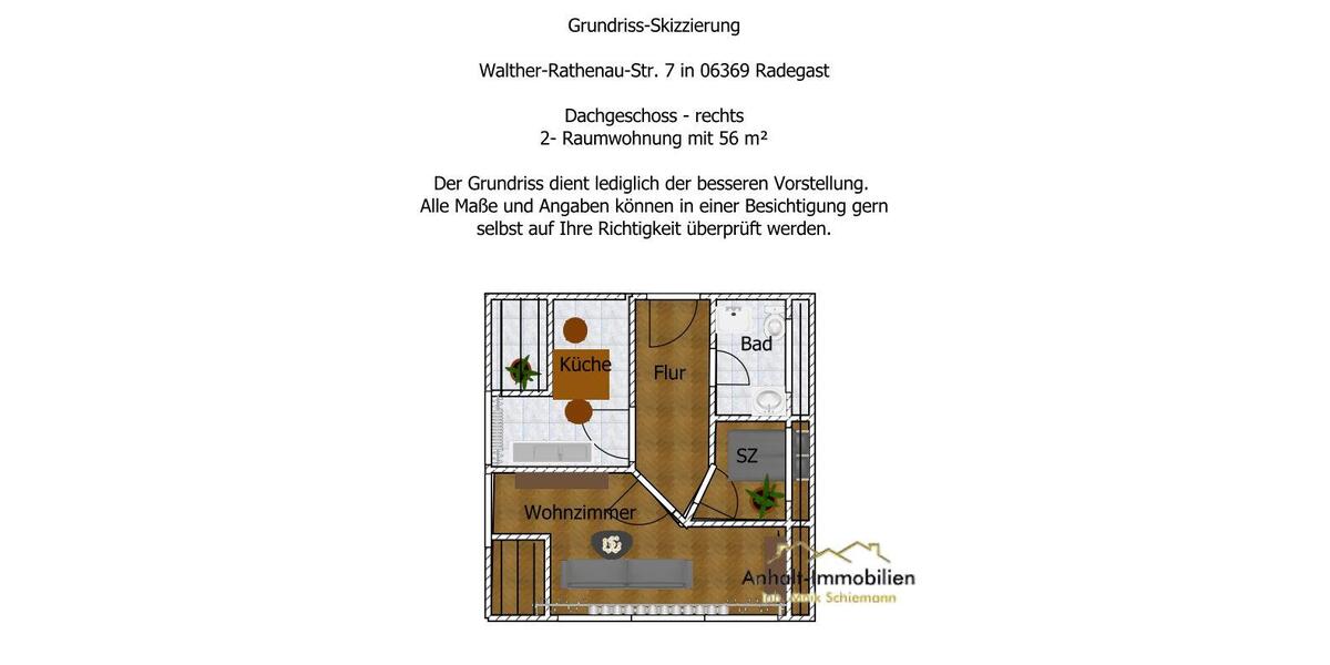 Dachgeschoßwohnung Südliches Anhalt - 2 Zimmer, 56 m&sup2;, 315&euro; | Angebot:24690924