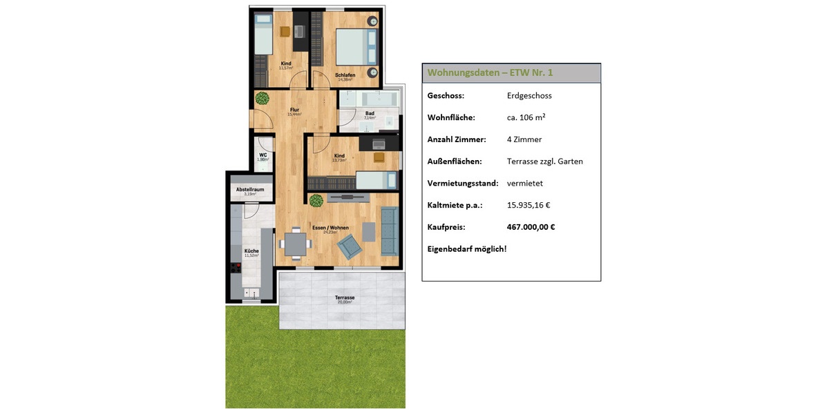 Etagenwohnung Linkenheim-Hochstetten Linkenheim - 4 Zimmer, 106 m&sup2;, 467.000&euro; | Angebot:24027134