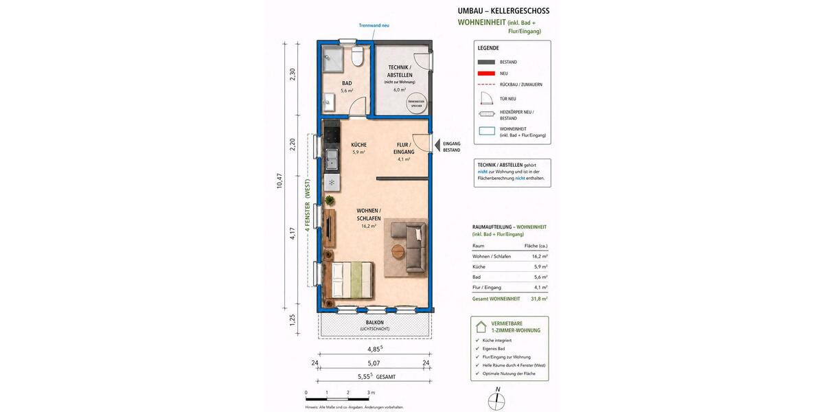 Etagenwohnung Friedrichshafen Ailingen - 1 Zimmer, 32 m&sup2;, 650&euro; | Angebot:26399171