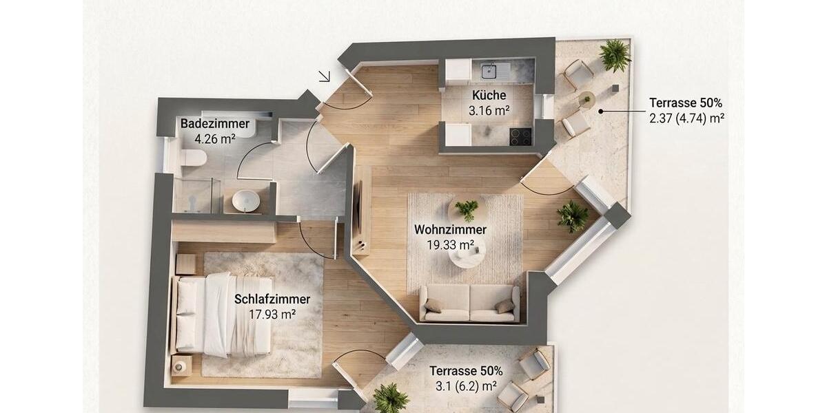 Etagenwohnung Rötz - 2 Zimmer, 50 m&sup2;, 99.000&euro; | Angebot:26816552