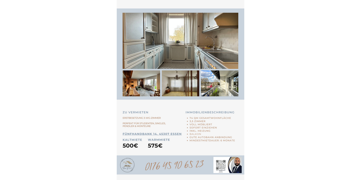 Etagenwohnung Essen-Kray Kray - 3 Zimmer, 74 m&sup2;, 500&euro; | Angebot:26897939