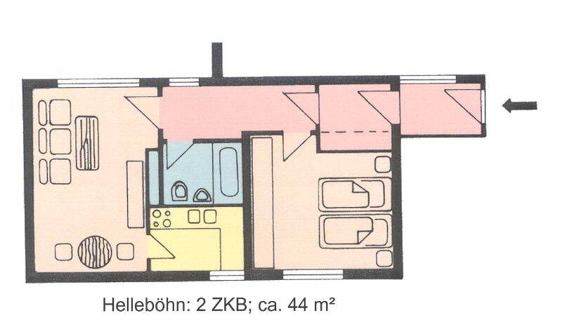 Etagenwohnung Kassel Süsterfeld/Helleböhn - 2 Zimmer, 45 m&sup2;, 350&euro; | Angebot:26436635