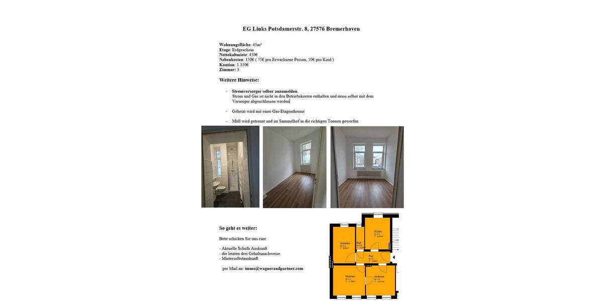 Erdgeschoßwohnung Bremerhaven - 3 Zimmer, 45 m&sup2;, 450&euro; | Angebot:26247835