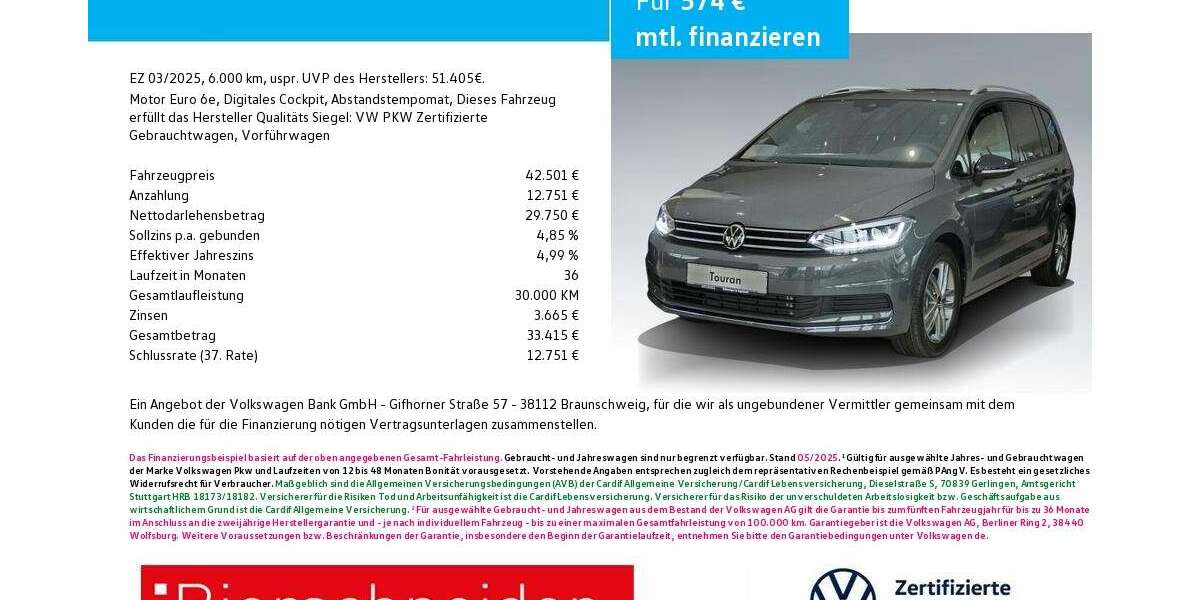 VW Touran 6.000 km 42.501 &euro; Ingolstadt 85053