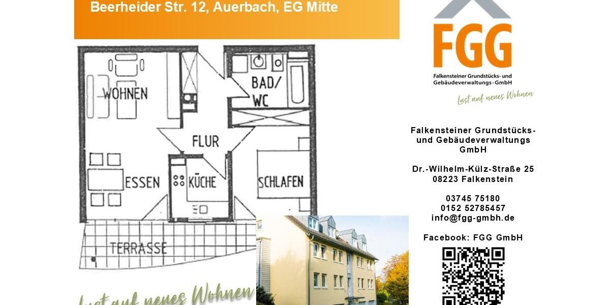 Erdgeschoßwohnung Auerbach/Vogtland Vogtland - 2 Zimmer, 54 m&sup2;, 375&euro; | Angebot:26168700