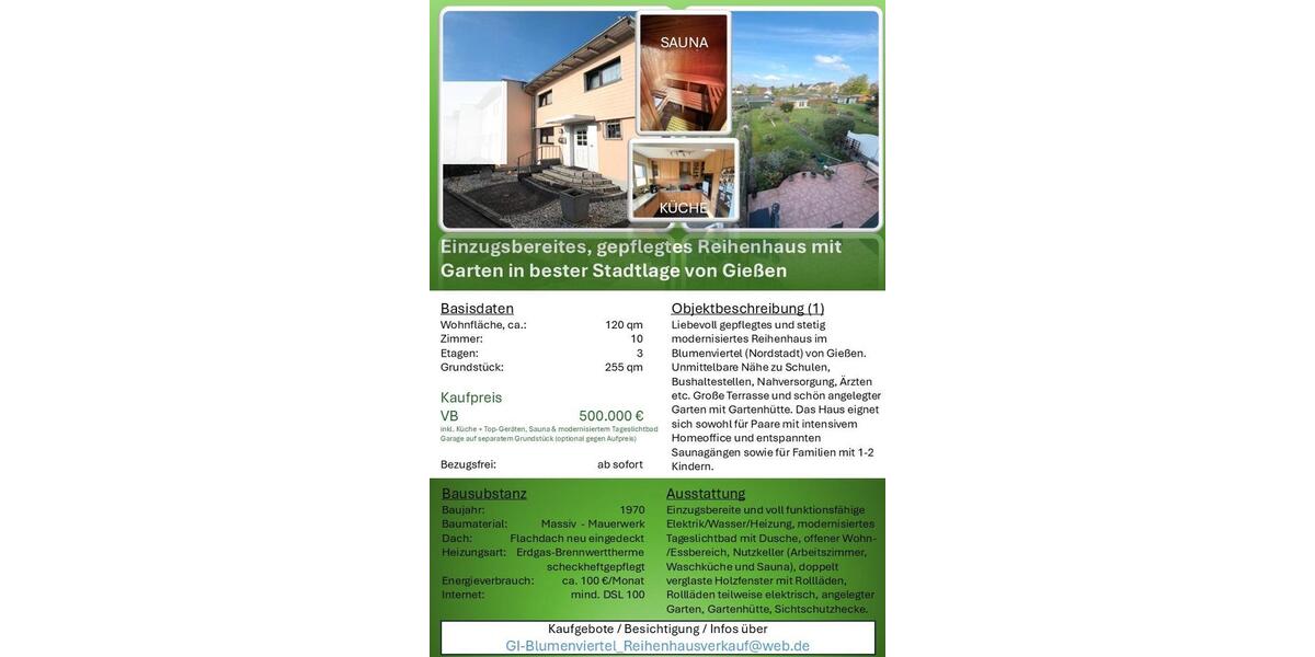 Reihenhaus Gießen Wieseck - 10 Zimmer, 120 m&sup2;, 500.000&euro; | Angebot:27131149