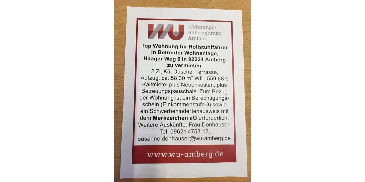 Amberg Rollstuhlfahrerwohnung Betreutes Wohnen für Senioren 2 zimmer