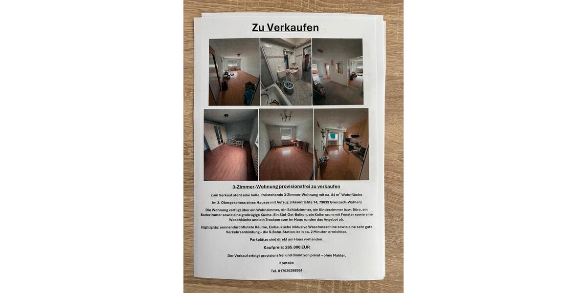 Etagenwohnung Grenzach-Wyhlen Wyhlen - 3 Zimmer, 84 m&sup2;, 265.000&euro; | Angebot:26974349