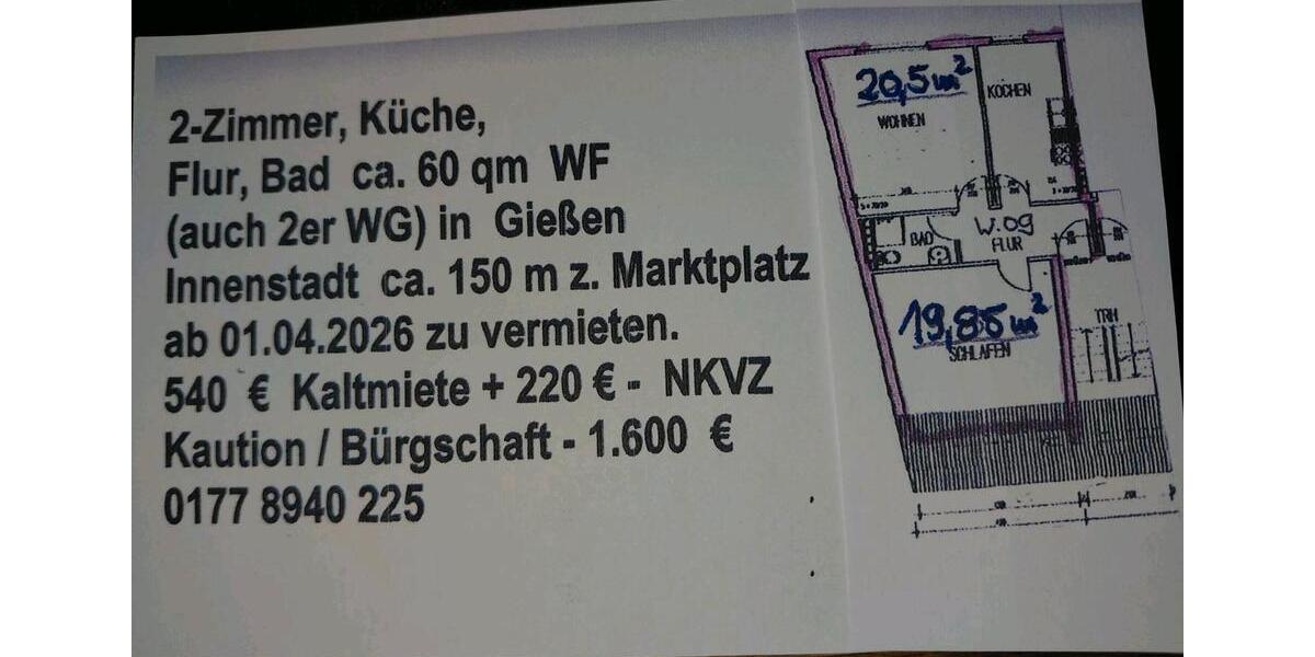 Etagenwohnung Buseck - 2 Zimmer, 60 m&sup2;, 540&euro; | Angebot:25435488