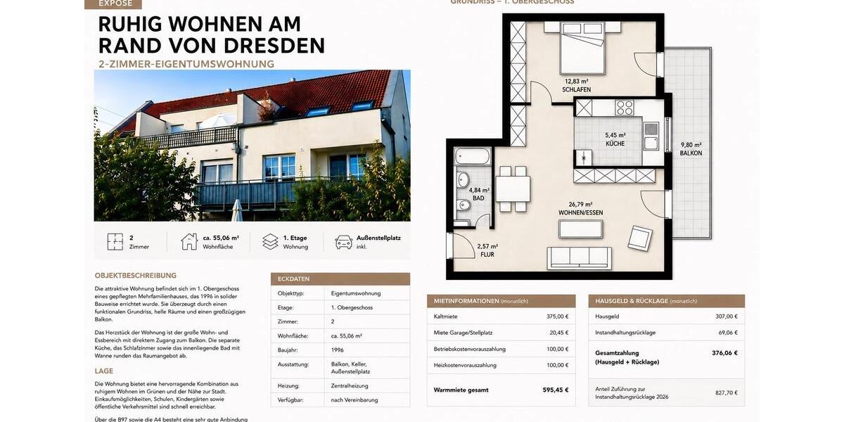 Etagenwohnung Ottendorf-Okrilla Okrilla - 2 Zimmer, 56 m&sup2;, 145.000&euro; | Angebot:27291833