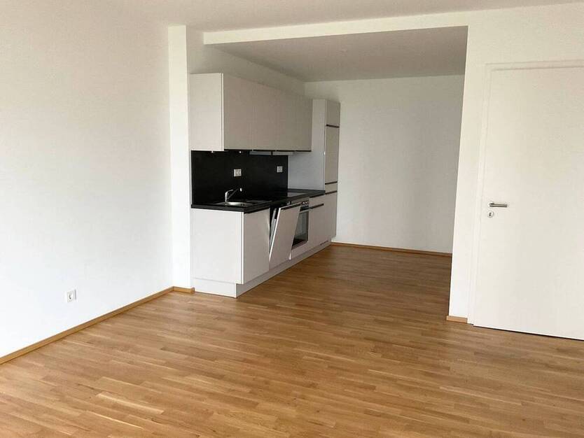 Helle 2-Zimmer-Wohnung mit Terrasse, moderne Neubau-Ausstattung mit Echtholzparkett + Einbauküche
