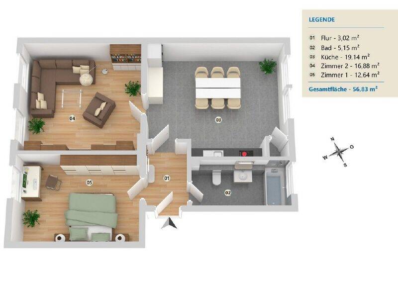 Etagenwohnung Minden Hahlen - 2 Zimmer, 57 m&sup2;, 649&euro; | Angebot:26902084