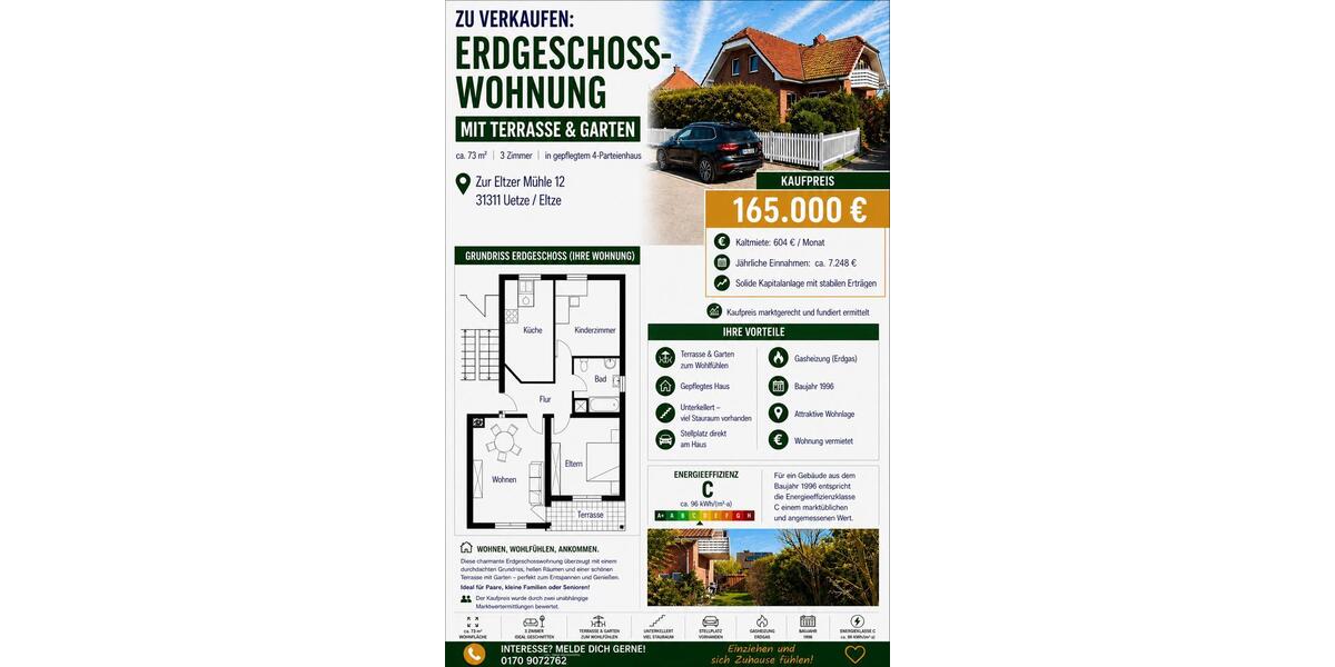 Erdgeschoßwohnung Uetze - 3 Zimmer, 73 m&sup2;, 165.000&euro; | Angebot:26414510