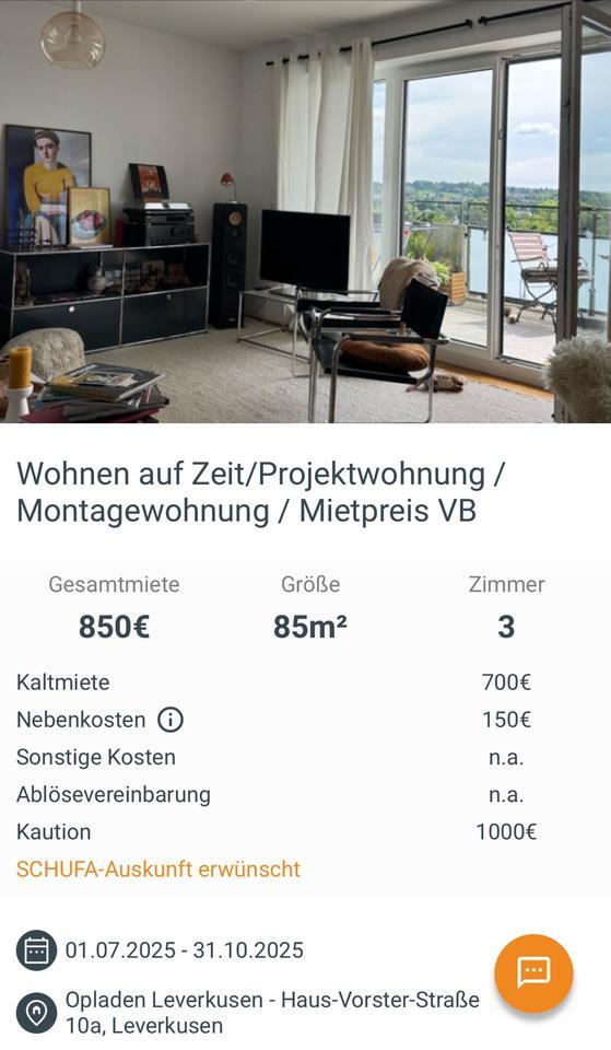 Wohnen auf Zeit ProjektWohnung für 3 Monate Opladen nähe Bhf