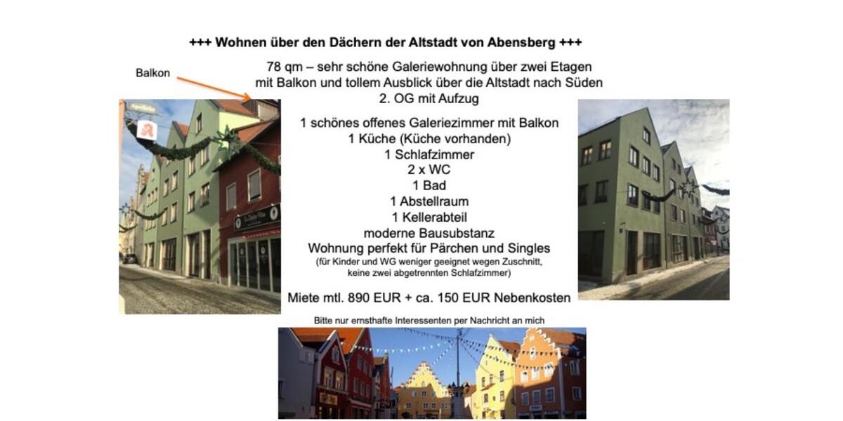 Etagenwohnung Abensberg - 1 Zimmer, 78 m&sup2;, 890&euro; | Angebot:25445163