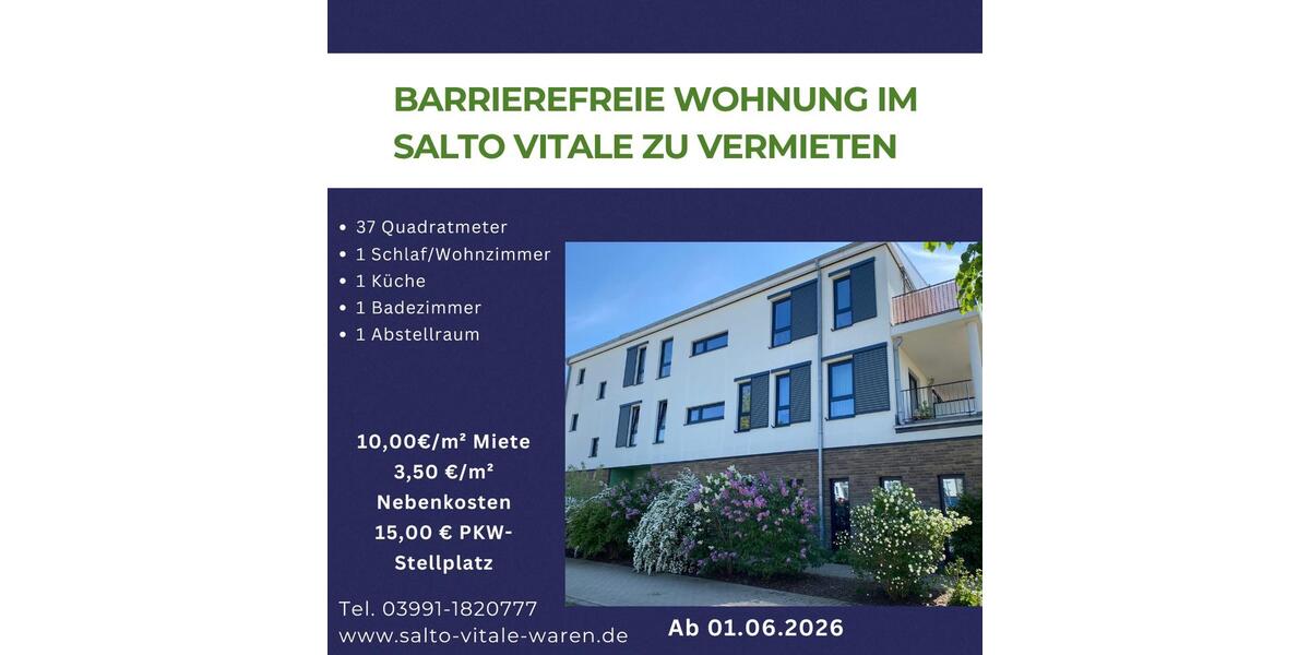 Etagenwohnung Waren (Müritz) - 1 Zimmer, 37 m&sup2;, 530&euro; | Angebot:26312372