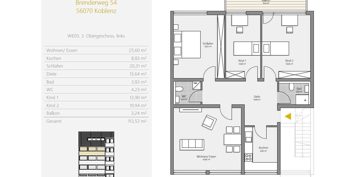 Etagenwohnung Koblenz - 4 Zimmer, 105 m&sup2;, 279.000&euro; | Angebot:25258567