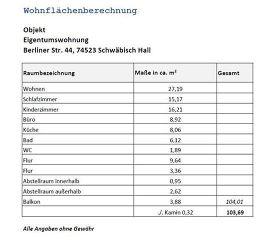 Etagenwohnung Schwäbisch Hall - 4 Zimmer, 104 m&sup2;, 259.000&euro; | Angebot:27008595