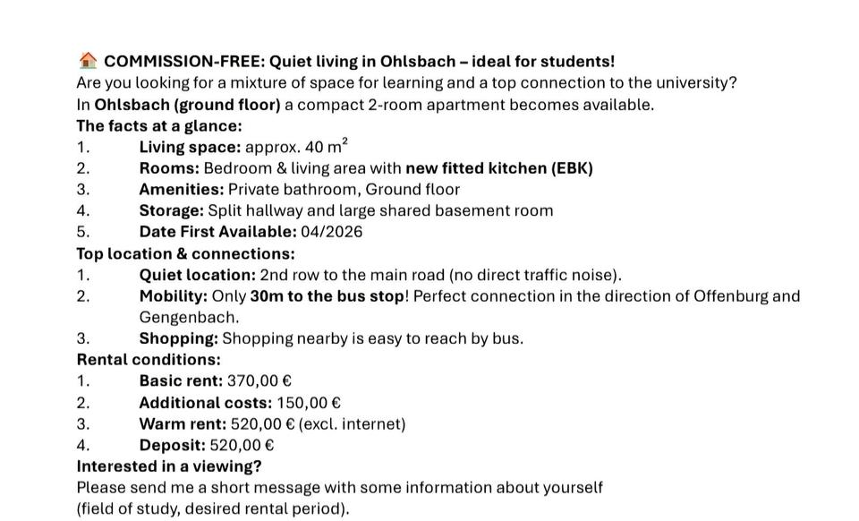 Erdgeschoßwohnung Ohlsbach - 2 Zimmer, 40 m&sup2;, 520&euro; | Angebot:25920965