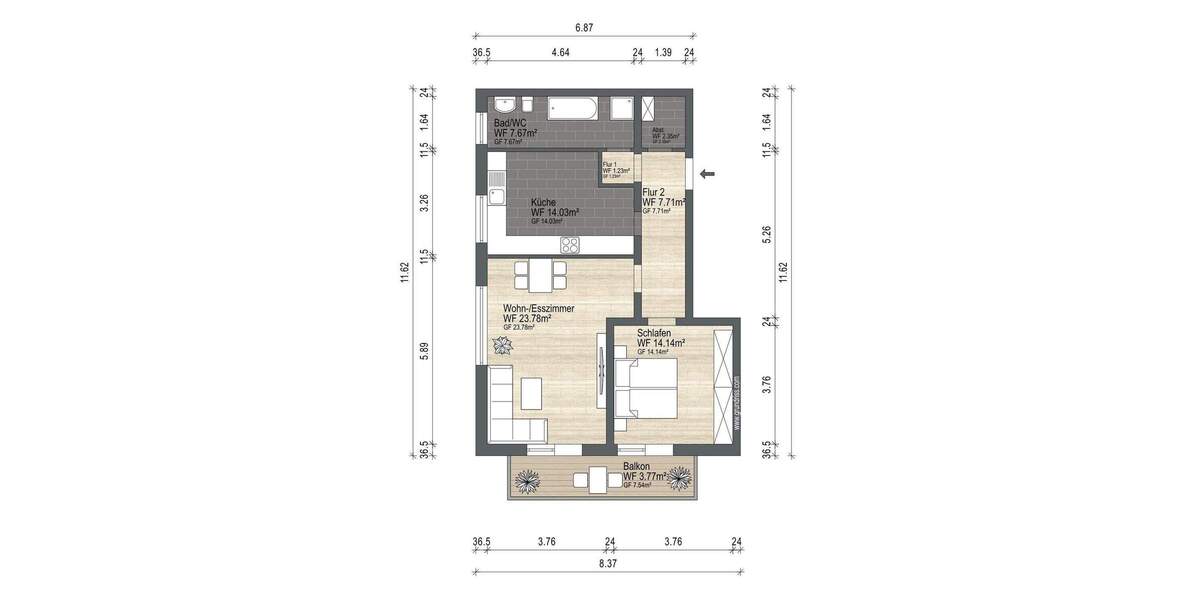 Etagenwohnung Gelnhausen - 2 Zimmer, 75 m&sup2;, 235.000&euro; | Angebot:25685345