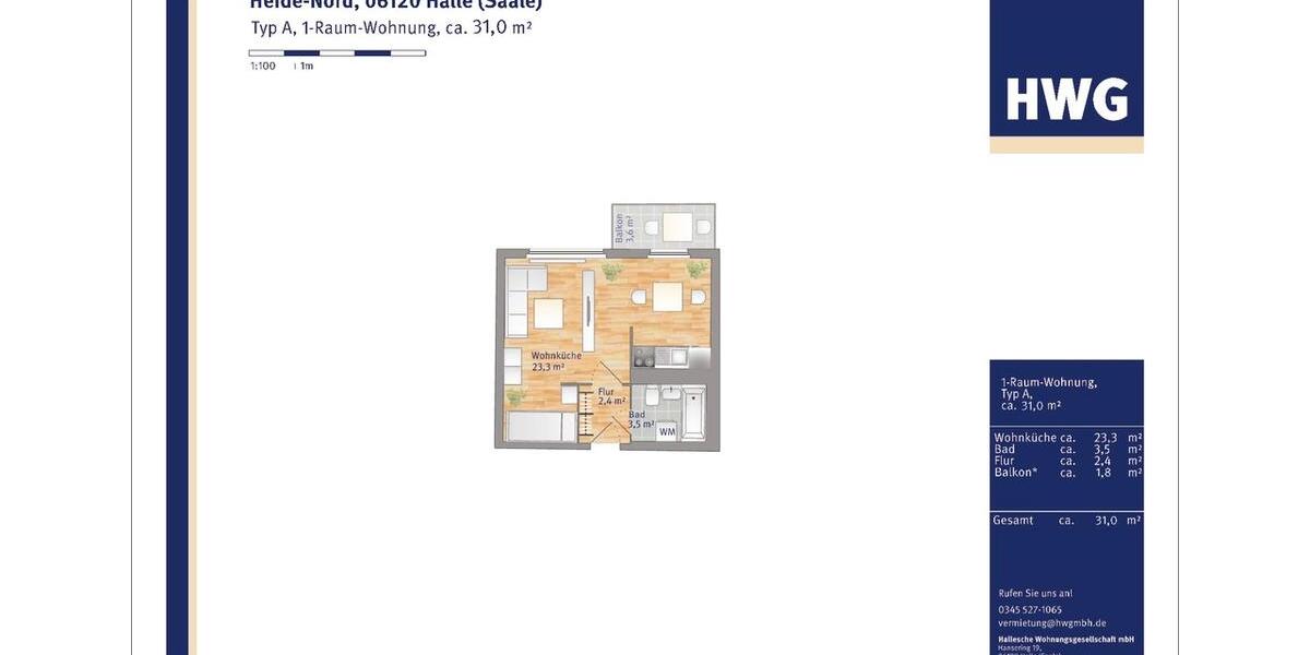 Etagenwohnung Halle (Saale) Dölau - 1 Zimmer, 32 m&sup2;, 268&euro; | Angebot:26386081