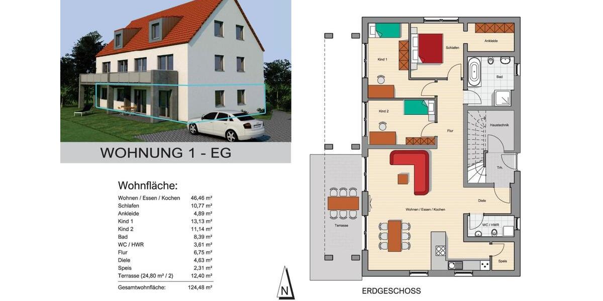 Erdgeschoßwohnung Teublitz - 4 Zimmer, 124 m&sup2;, 1.090&euro; | Angebot:25632249