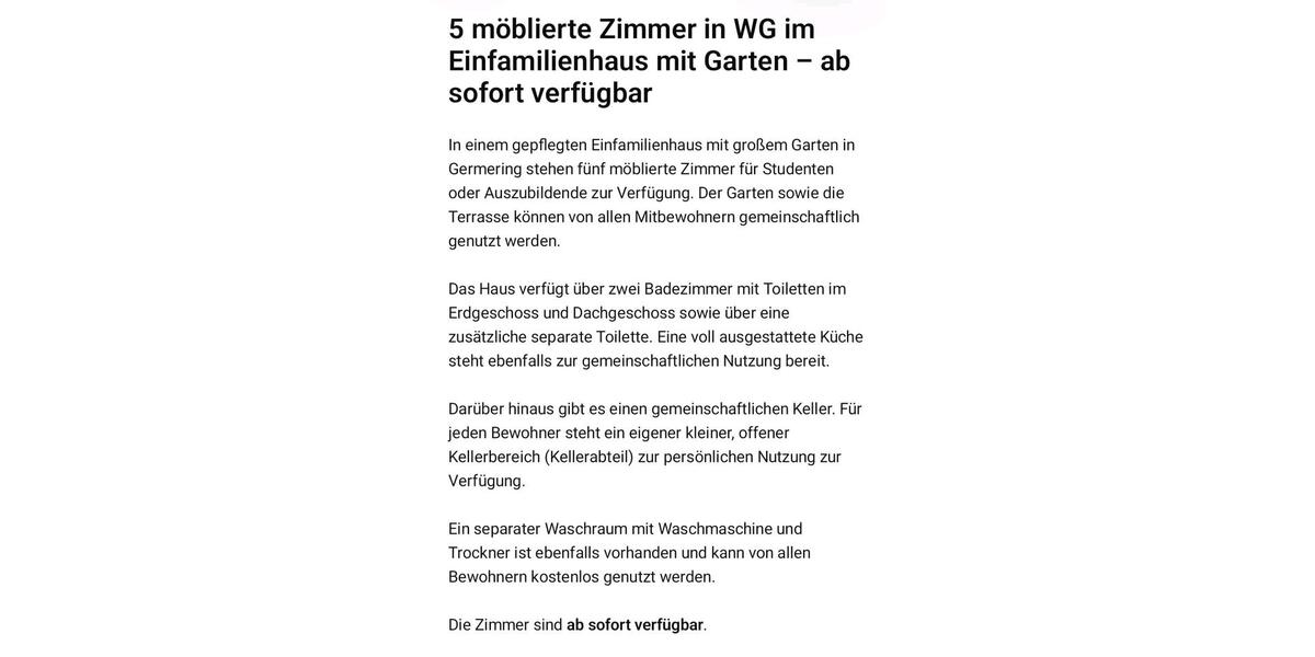 Etagenwohnung Germering - 5 Zimmer, 15 m&sup2;, 750&euro; | Angebot:25951766