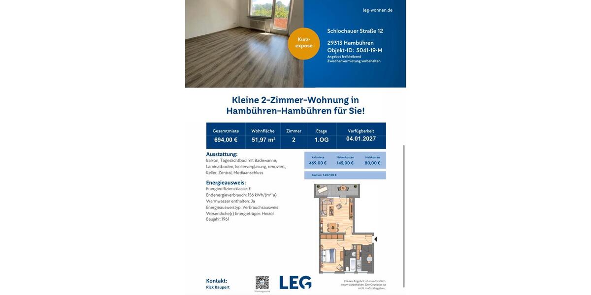 Etagenwohnung Hambühren - 2 Zimmer, 54 m&sup2;, 469&euro; | Angebot:26632956