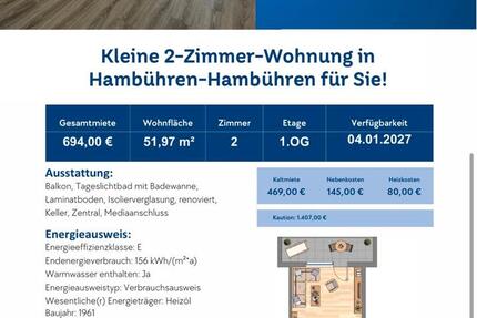 Wohnung Hambühren - 2 Zimmer, 54 m&sup2;, 469&euro; | Angebot:26632956