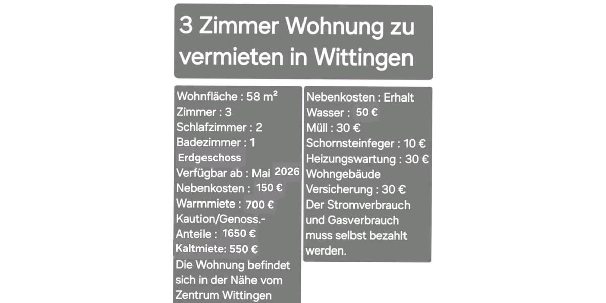 Erdgeschoßwohnung Wittingen - 3 Zimmer, 58 m&sup2;, 550&euro; | Angebot:26652780