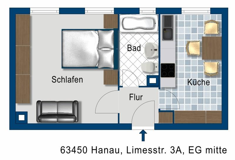 Erdgeschoßwohnung Hanau - 1 Zimmer, 32 m&sup2;, 387&euro; | Angebot:26627843
